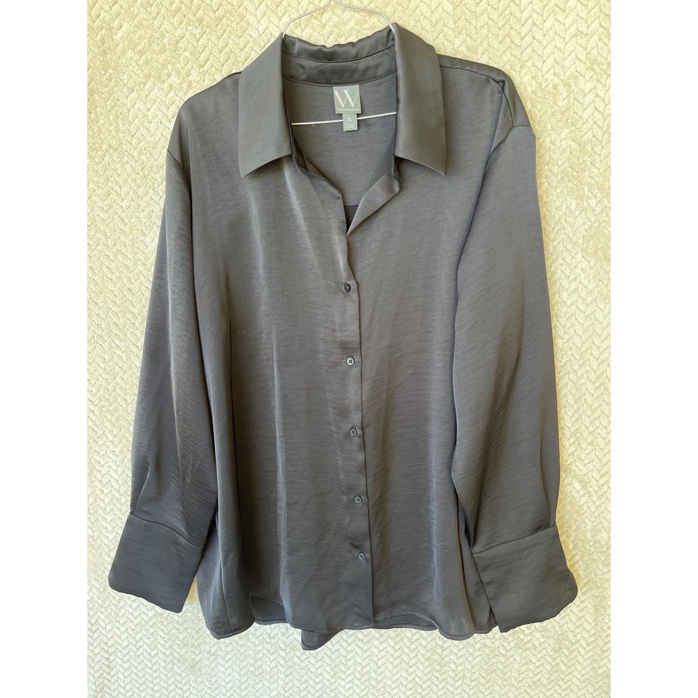 Worthington Womens XL black Satin Button Down Blouse Long Sleeve Office Top